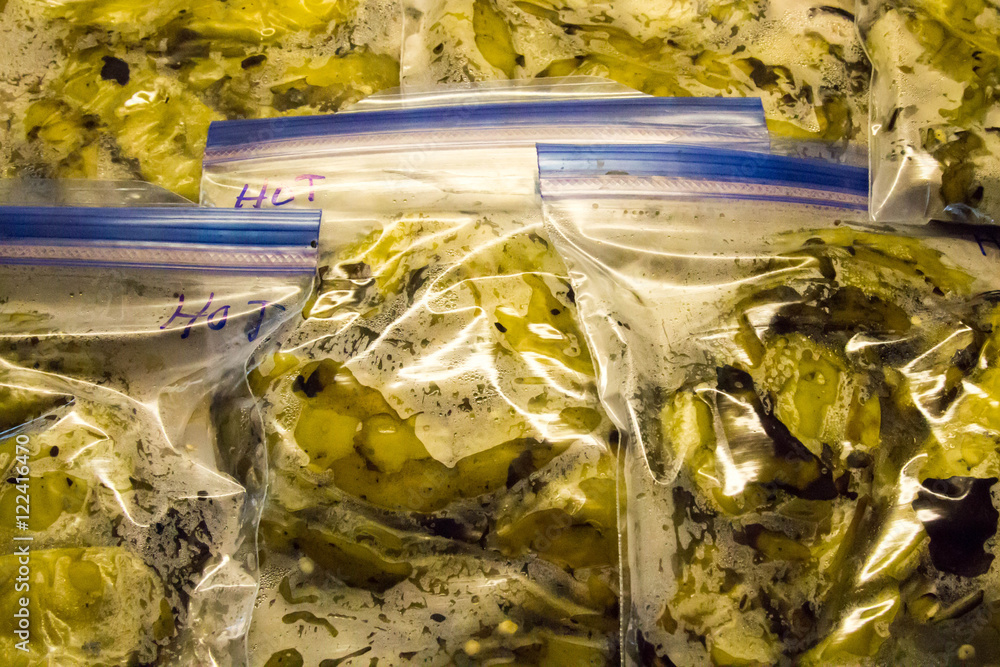 Fototapeta premium Roasted green chili in freezer bags, prepared to freeze