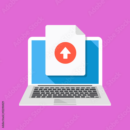 Laptop and upload file icon. Document uploading concept. Flat design graphic with long shadow. Vector illustration