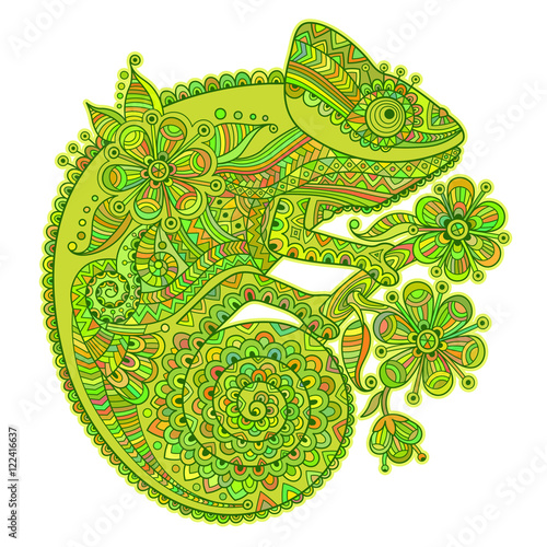 Vector illustration with a chameleon and beautiful patterns in shades of green