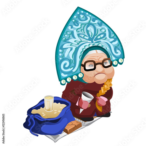 Old woman selling seeds. Vector character
