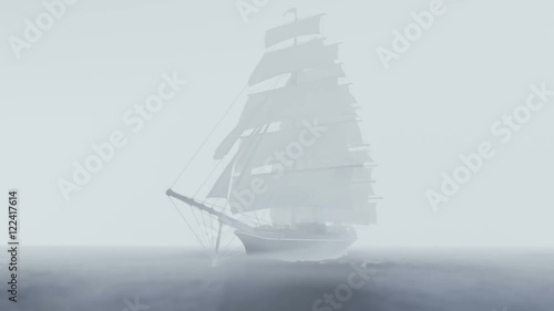 Ship sailing in rough seas with fog and clouds