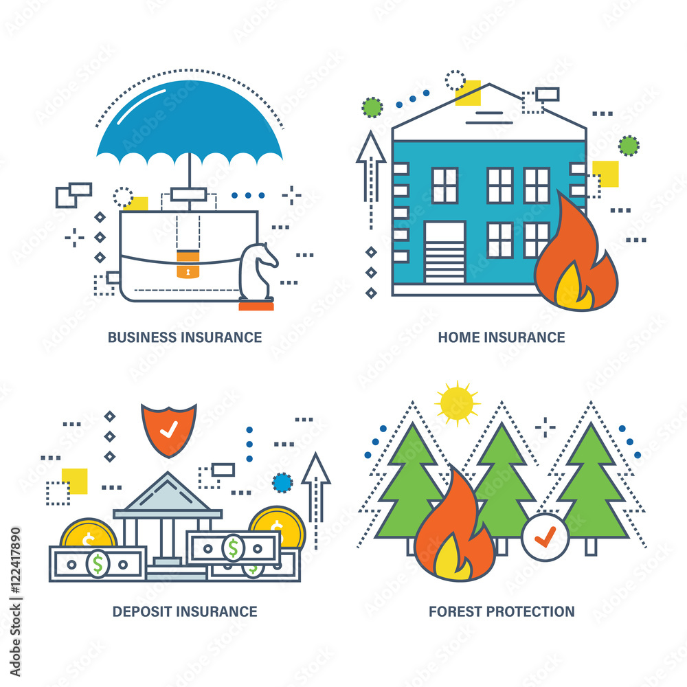 Concept illustration - business insurance, property, bank deposits, protection of forests.