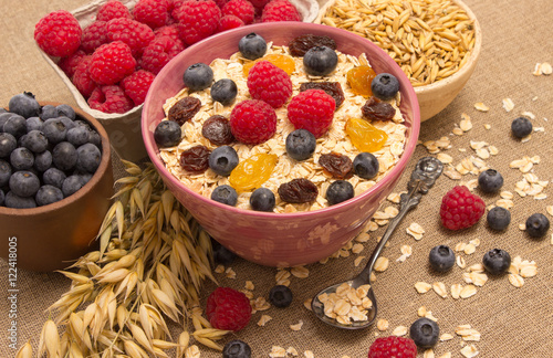 Healthy porridge with fruits on canvas