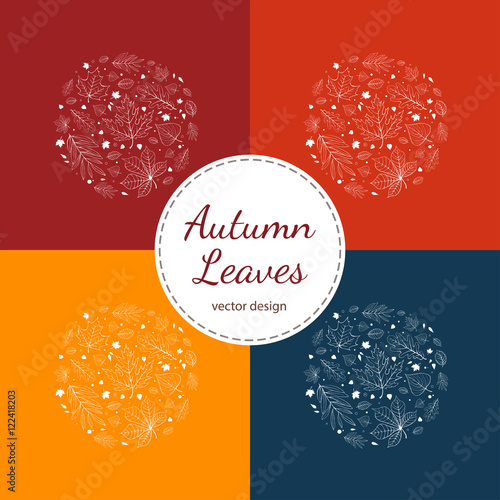 Set of autumn leaves postcards white outlines on red, orange, blue and yellow backgrounds.