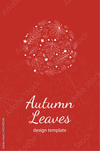 Autumn leaves postcard design template white outline on red