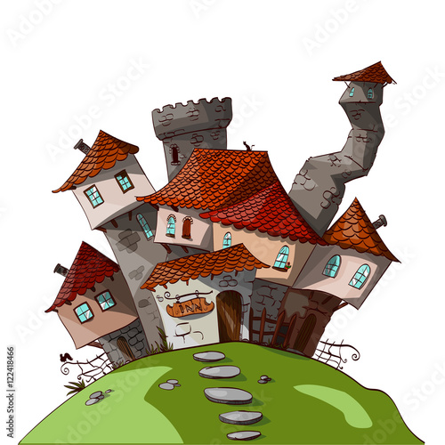 Colorful vector illustration of a cartoon small medieval / fantasy village 