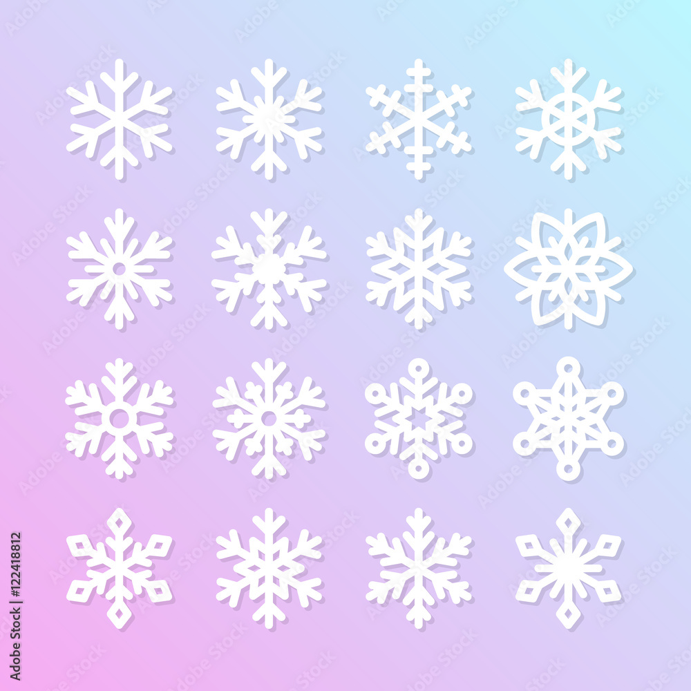 Cute snowflake collection isolated on blue background. Flat snow icons, snow flakes silhouette. Nice element for christmas banner, cards. New year ornament. Organic and geometric snowflakes set. Cute snowflake collection isolated on blue background. Flat snow icons, snow flakes silhouette. Nice element for christmas banner, cards. New year ornament. Organic and geometric snowflakes set.