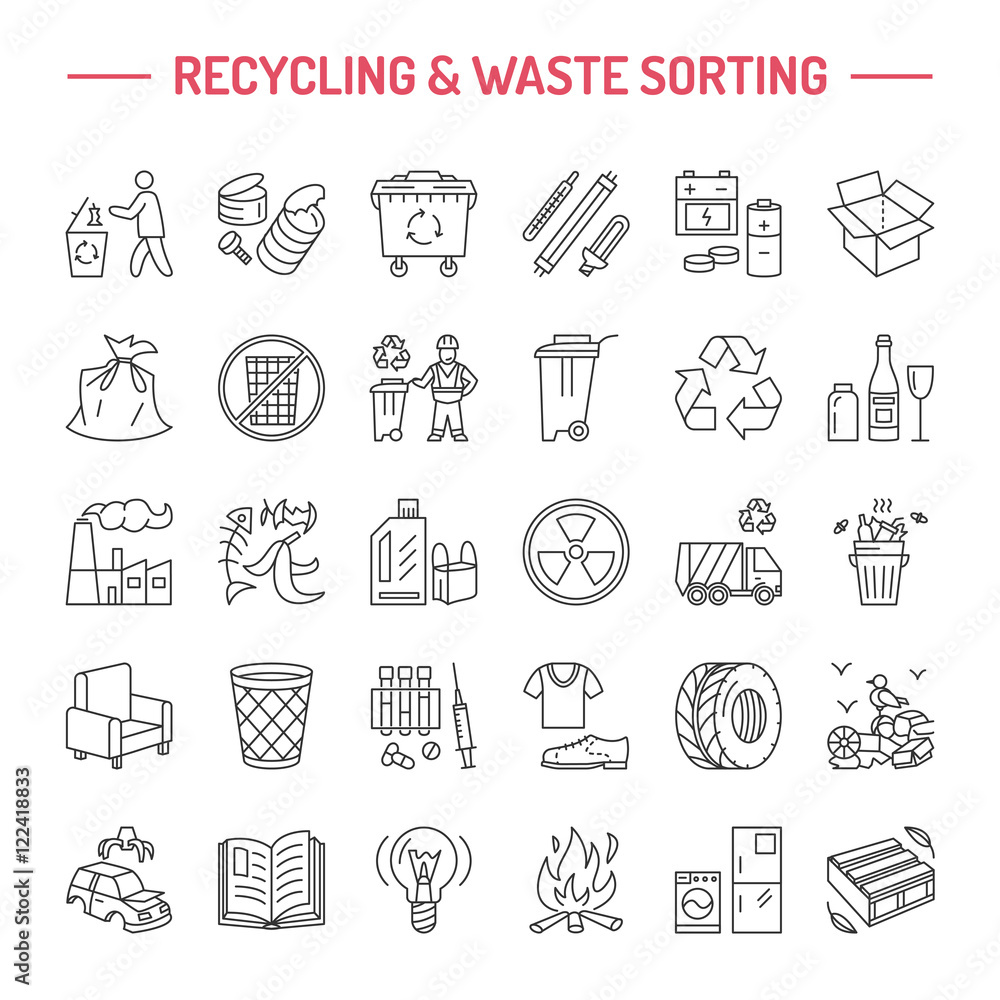 Modern vector line icon of waste sorting, recycling. Garbage collection. Recyclable waste - paper, glass, plastic, metal. Linear pictogram with editable stroke for brochure of waste management