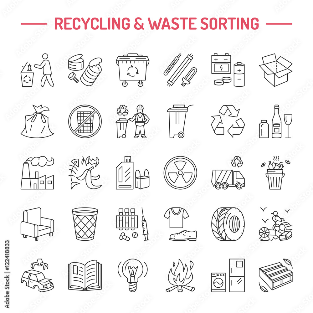 Modern vector line icon of waste sorting, recycling. Garbage collection
