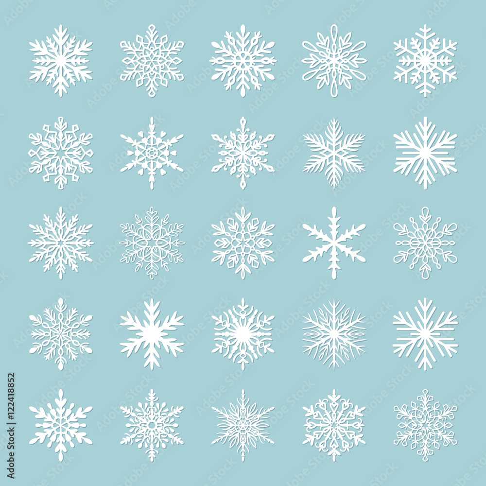 Cute snowflake collection isolated on blue background. Flat snow icons, snow flakes silhouette. Nice snowflakes for christmas banner, cards. New year snowflake. Organic and geometric snowflakes set. Cute snowflake collection isolated on blue background. Flat snow icons, snow flakes silhouette. Nice snowflakes for christmas banner, cards. New year snowflake. Organic and geometric snowflakes set.