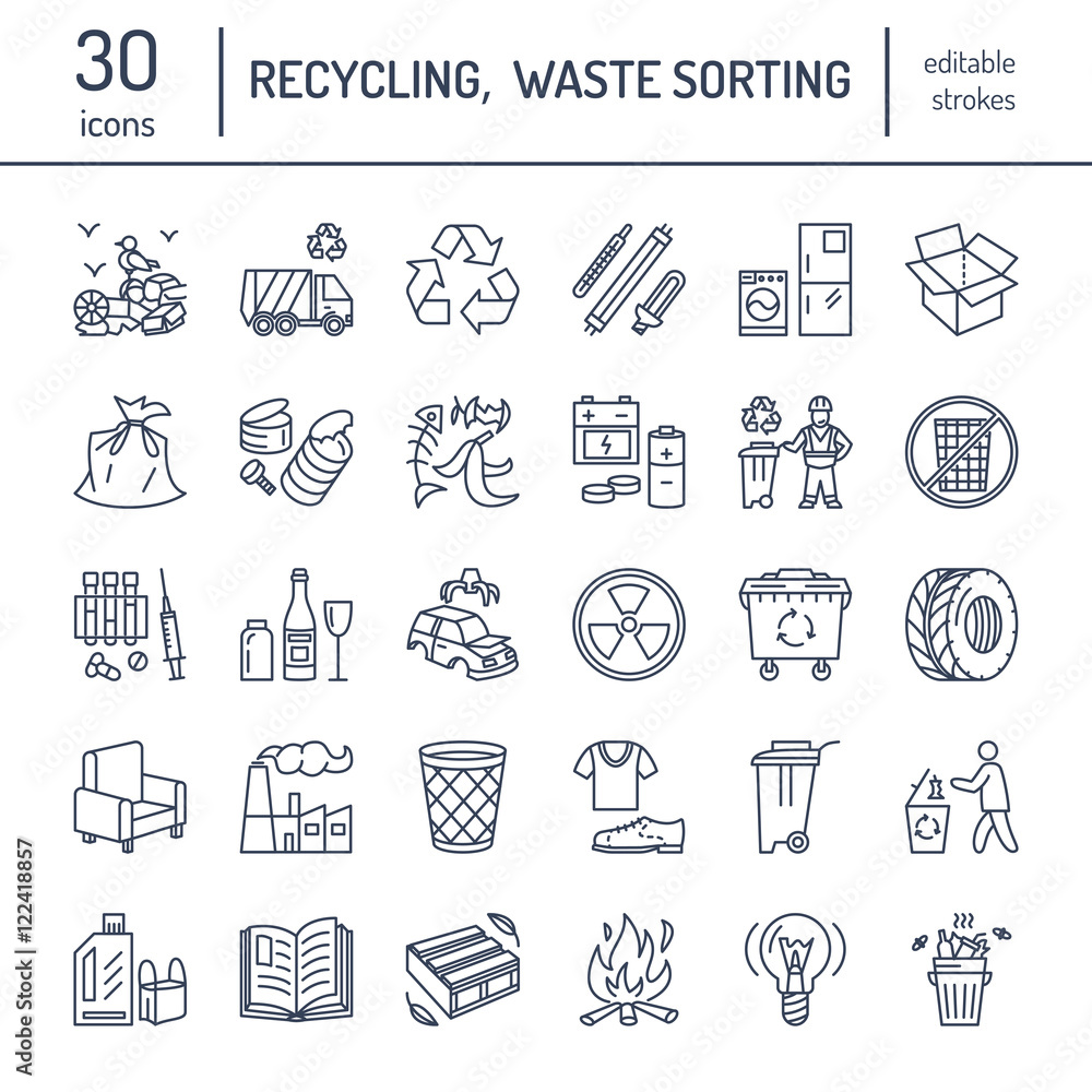 Modern vector line icon of waste sorting, recycling. Garbage collection. Recyclable waste - paper, glass, plastic, metal. Linear pictogram with editable stroke for poster, brochure of waste types.