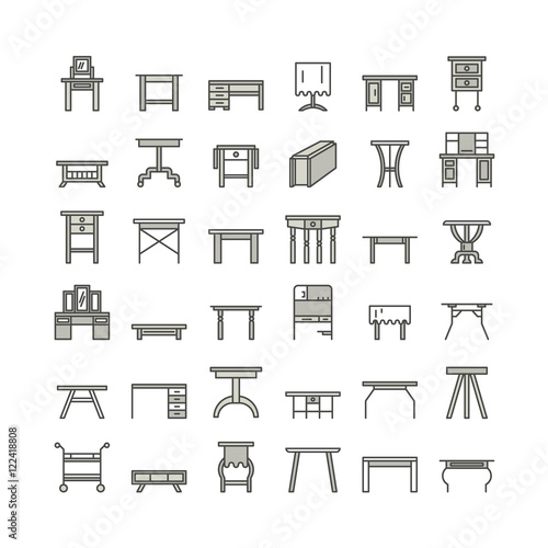 Vector furniture line icons, table symbols. silhouette of different table - dinner, writing, dressing table. Linear desk pictogram with editable stroke for furniture store, platen storage.