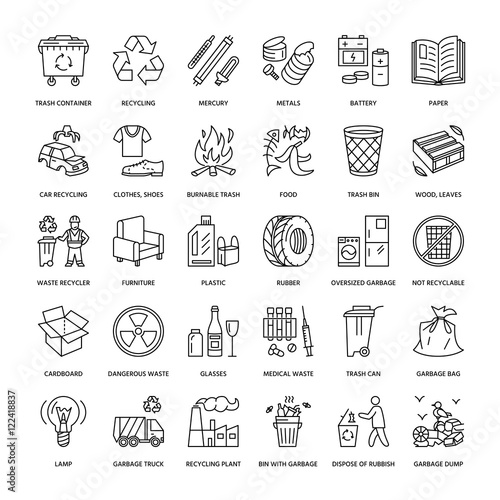 Modern vector line icon of waste sorting, recycling. Garbage collection. Recyclable waste - paper, glass, plastic, metal. Linear pictogram with editable stroke for poster, brochure of waste management photo