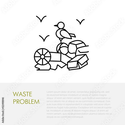 Garbage dump illustration, waste problem. Modern vector thin line icon of rubbish dump. Linear dump pictogram for ecology poster. Environmental pollution symbol, Garbage dump sign.