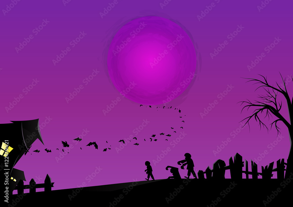 Halloween Background.Purple moon and sky with silhouette house Halloween Background.Purple moon and sky with silhouette house