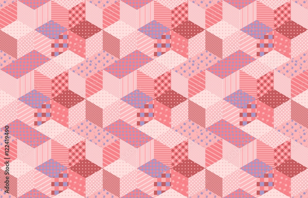 Patchwork in pink and lilac tones with floral and geometric patches. Colorful seamless pattern with stars. Vector illustration of quilt. Patchwork in pink and lilac tones with floral and geometric patches. Colorful seamless pattern with stars. Vector illustration of quilt.