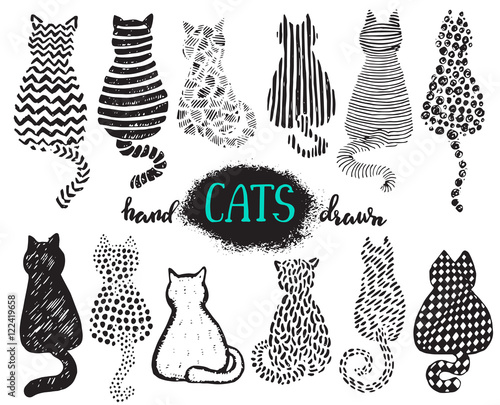 Set of hand draw textured cats in graphic doodle style