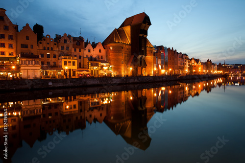 City skyline of Gdansk at evening in Poland, Old Town with reflection on Motlawa River
