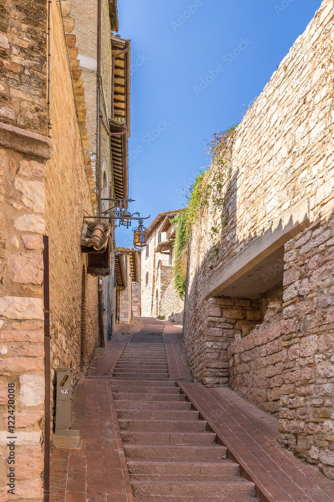 Assisi, Italy. Street with steps on a steep slope