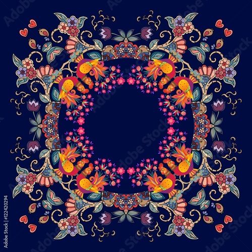 Bandana print or lovely tablecloth with birds, floral ornament and bright cockerels - chinese symbol of 2017. Vector image. Year of the Rooster.