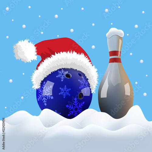 Vector Christmas bowling ball with Santa cap and pin on snowing background.