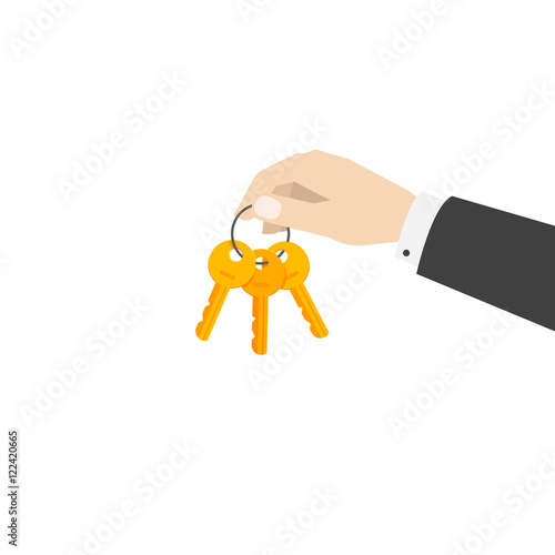Hand holding keys chain vector illustration isolated on white background, flat cartoon person hand giving keys, concept of rental service, gift, access