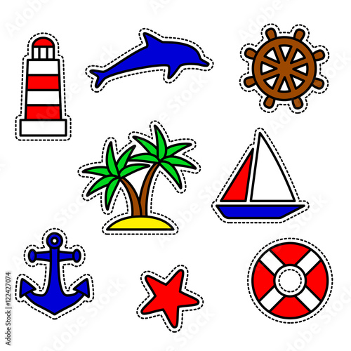 Patches. Fashion mix of Cartoon Badges, Appliques. Set of Nautical and Marine symbols. Isolated on white background.