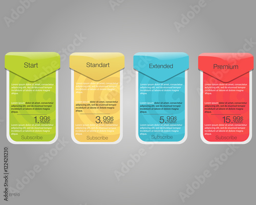 Four banner for the tariffs and price lists. Web elements. Plan hosting. Vector design for web app. Plan for website in flat design.