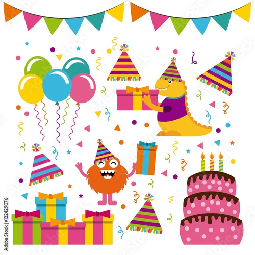 monster characters in birthday party vector illustration design