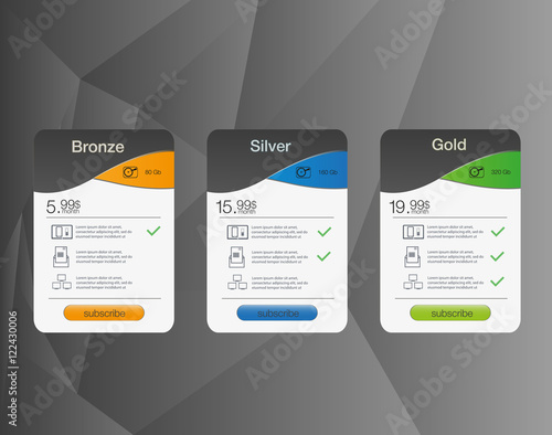 Three tariffs banners. Web pricing table. Vector design for web app. Price list.