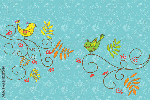 Doodle autumn card with birds, rowan leaves and berries.