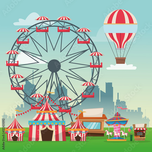 Hot air balloon ferris wheel carousel striped tents and stand. Carnival festival fair circus and celebration theme. Colorful design. Vector illustration