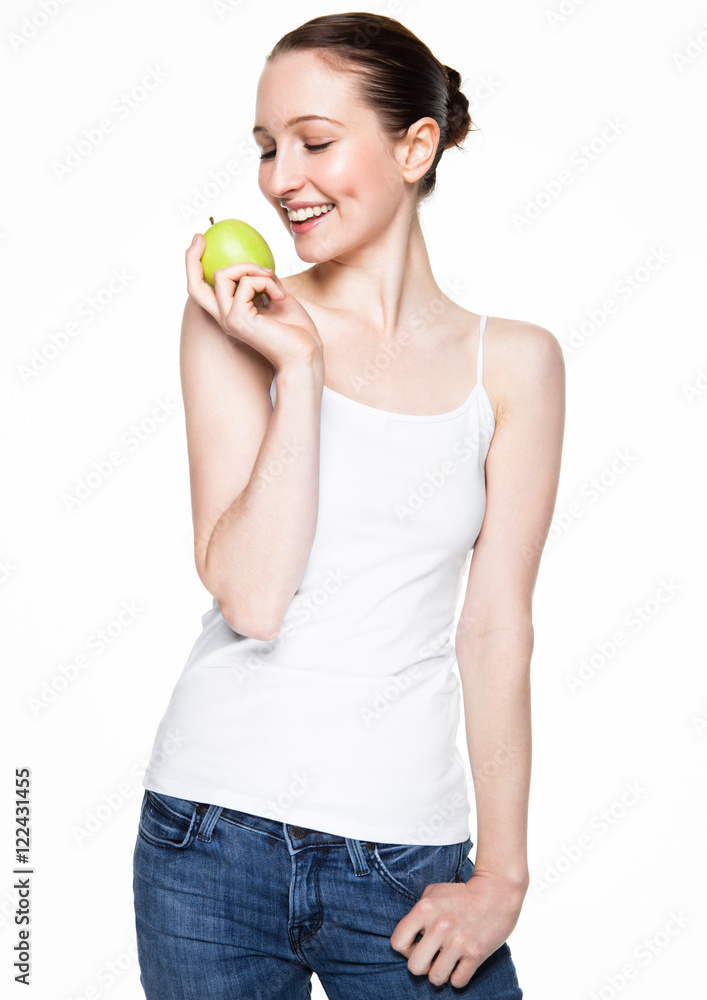 Beautiful fitness women holding healthy apple Beautiful fitness women holding healthy apple