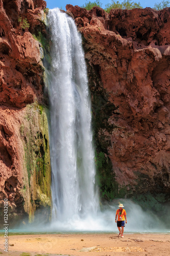 Hiker at Mooney Falls, waterfalls in the Grand Canyon, Arizona