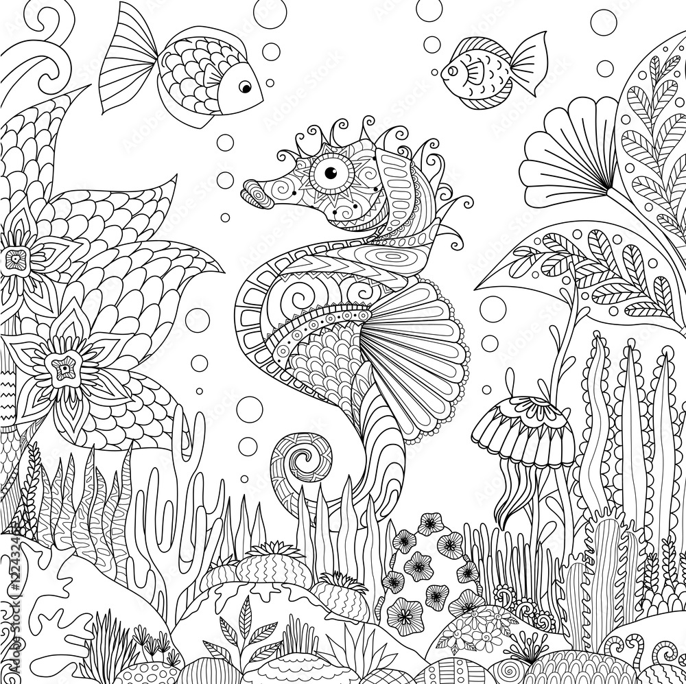 Obraz premium Zendoodle design of seahorse swimming under ocean surrounding by beautiful corals and seaweeds, for adult coloring book pages for anti stress - Stock Vector