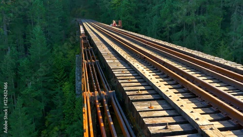 4K Wooden Train Trestle, Tracks Go off Into Distance, Perspective View, Summer photo