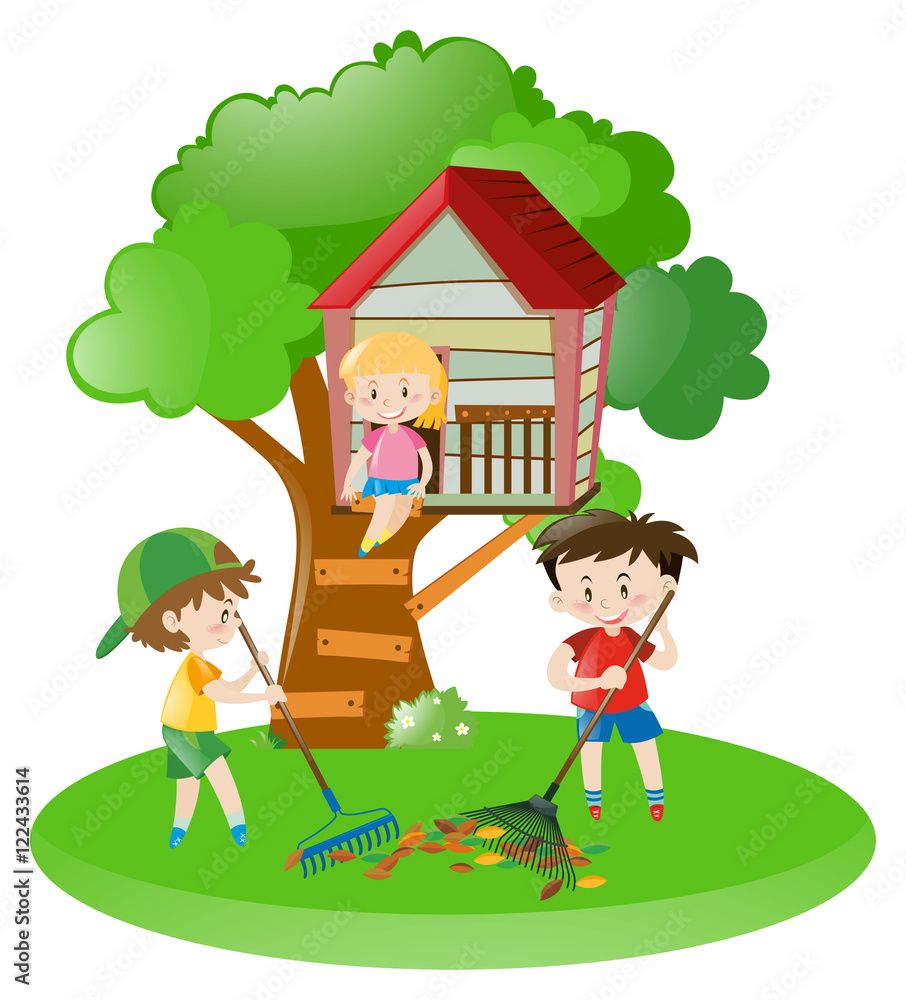 Boys raking leaves and girl on treehouse