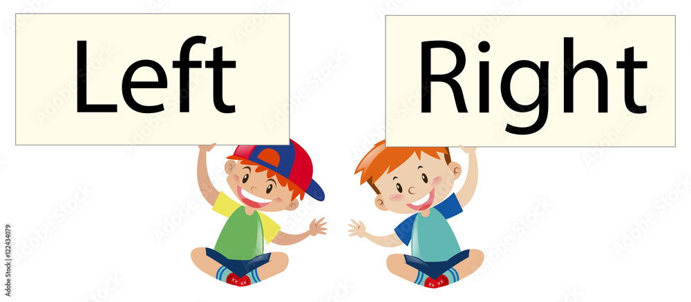 Two boys holding sign left and right Two boys holding sign left and right