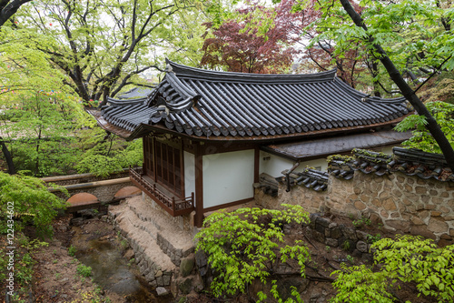 Gilsangheon - a wooden building, living quarters for master sunim (senior monks) in the woods at the Gilsangsa Temple in Seoul, South Korea. © tuomaslehtinen
