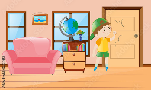 Boy inside the room knocking on door