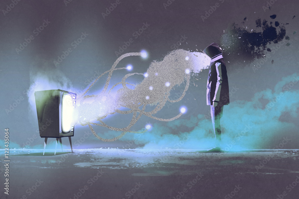Fototapeta premium man standing in front of unusual television on dark background,illustration painting