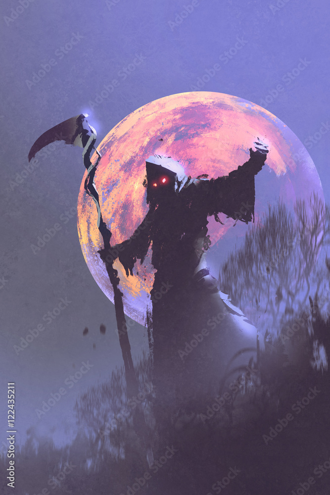 Obraz premium the death with scythe standing against night sky with full moon,halloween concept,illustration painting