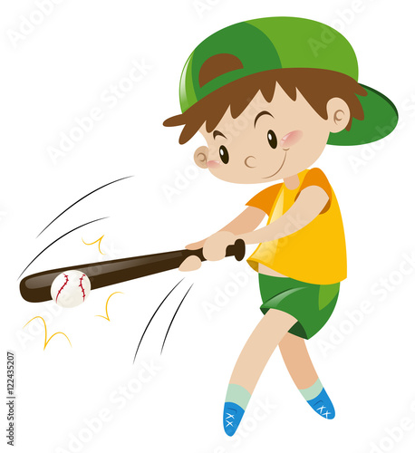 Boy hitting ball with wooden bat