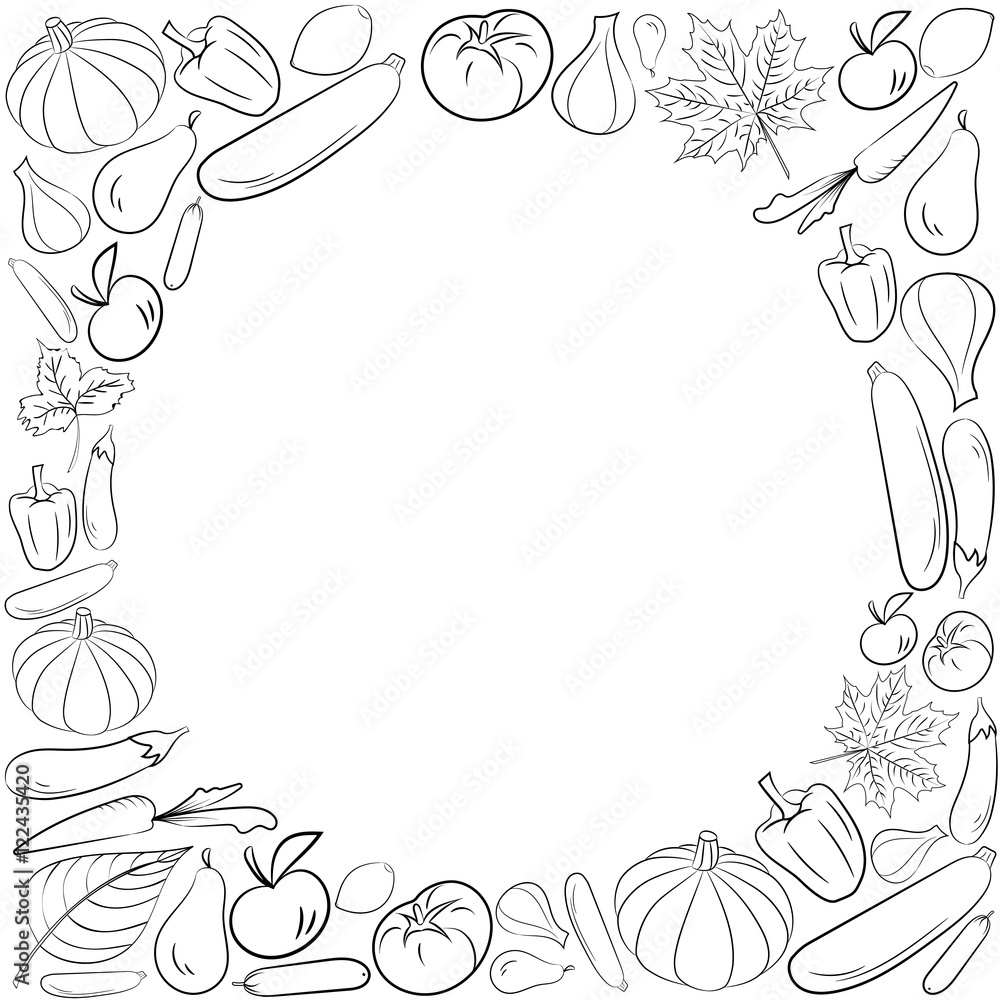 Autumn graphic card with fruits and vegetables in black and white colors. Vector Thanksgiving day design. Coloring book page design for adults and kids