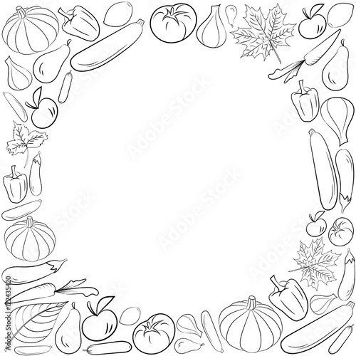 Autumn graphic card with fruits and vegetables in black and white colors. Vector Thanksgiving day design. Coloring book page design for adults and kids