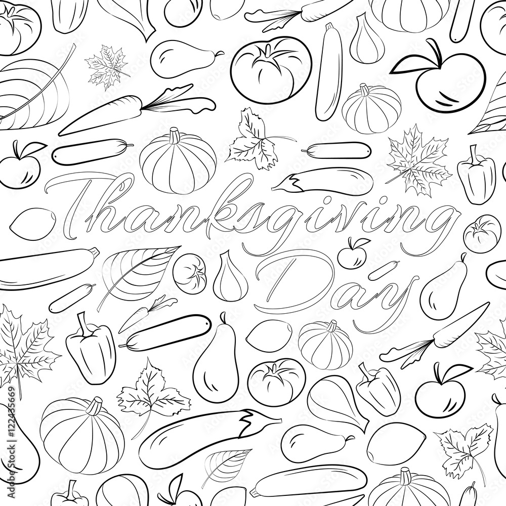 Autumn graphic seamless pattern with fruits and vegetables in black and white colors. Vector Thanksgiving day design. Coloring book page design for adults and kids