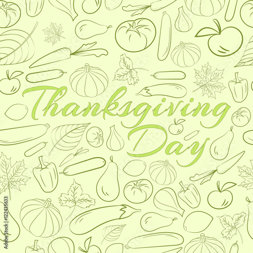 Autumn graphic seamless pattern with fruits and vegetables in green colour. Vector Thanksgiving day design