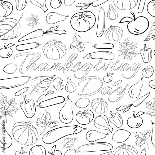 Autumn graphic seamless pattern with fruits and vegetables in black and white colors. Vector Thanksgiving day design. Coloring book page design for adults and kids