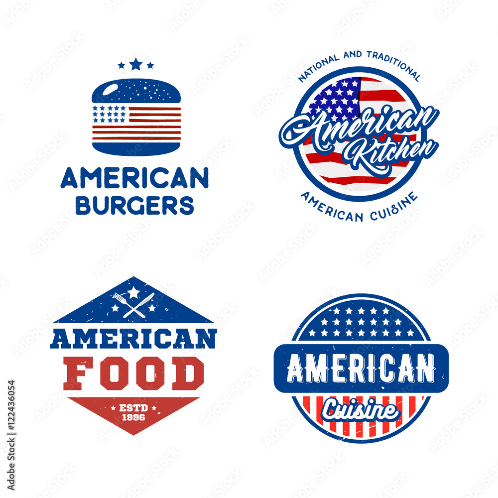 Set of retro logos american cuisine concept. Creative vector illustration for fast food, restaurant labels, emblems, badges.