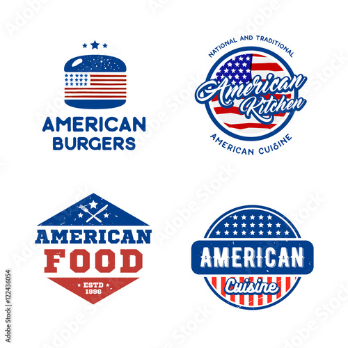 Set of retro logos american cuisine concept. Creative vector illustration for fast food, restaurant labels, emblems, badges.